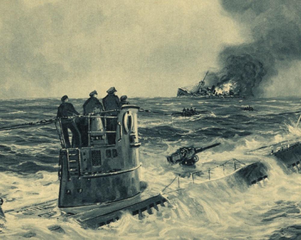 PAINTING OF A GERMAN U-BOAT ATTACK.  END OF PART 1