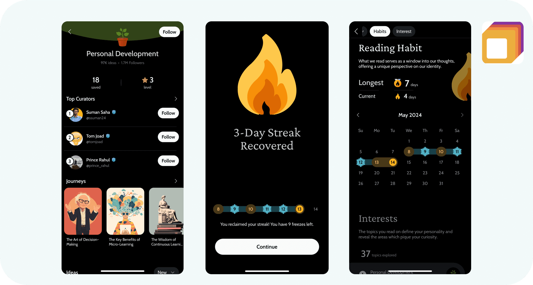 App screenshots from the Deepstash featuring self improvement features