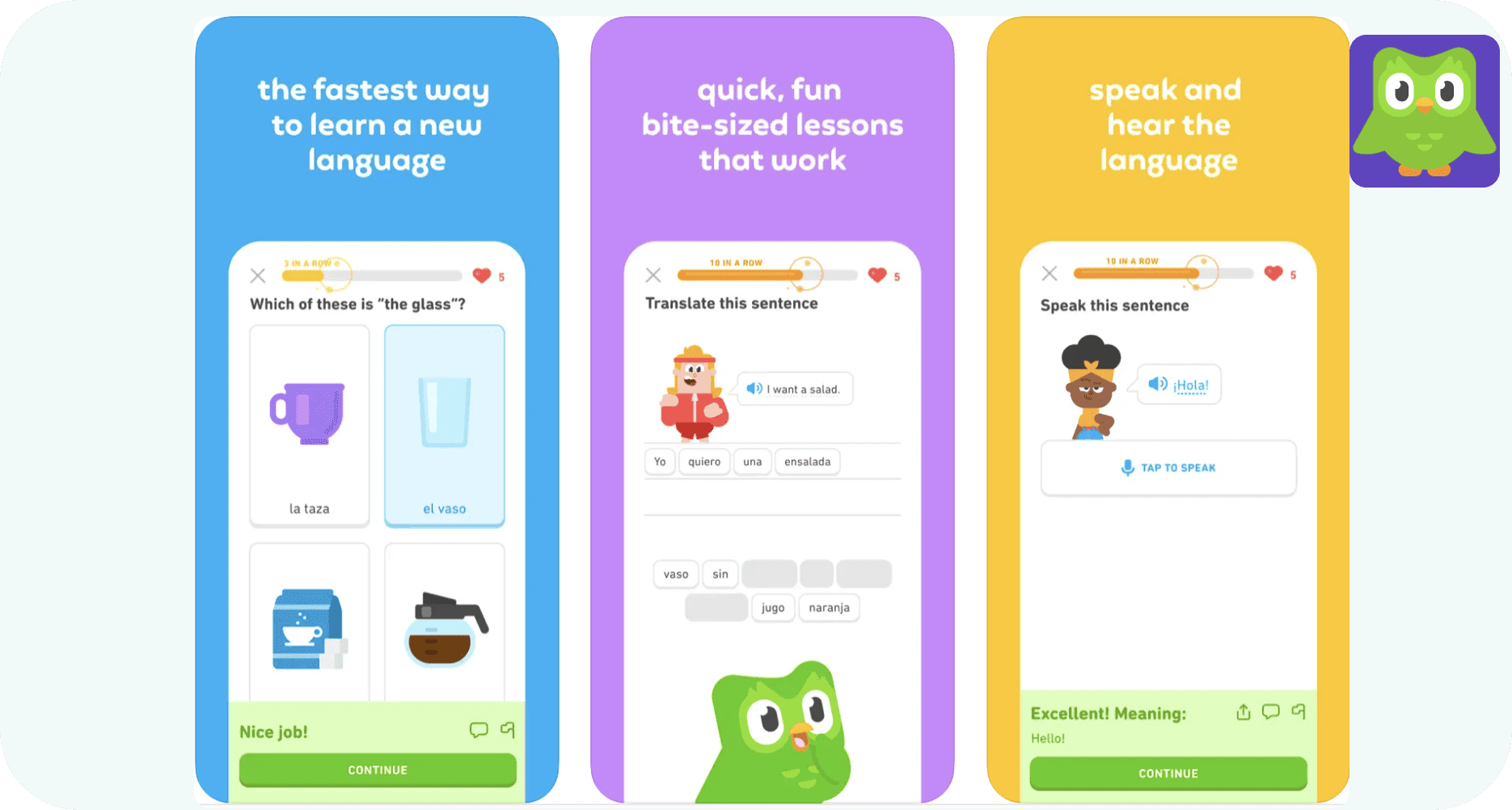 App screenshots from AppStore for Duolingo featuring self improvement features