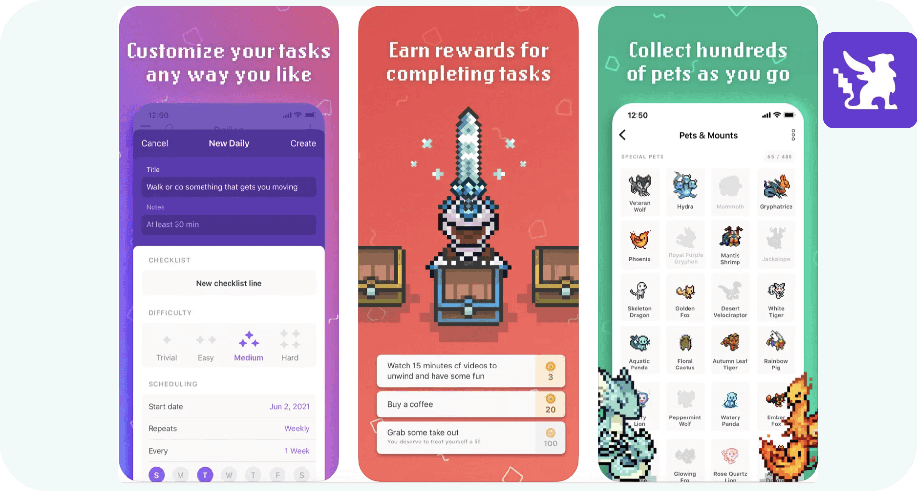 App screenshots from AppStore for Habitica featuring self improvement features