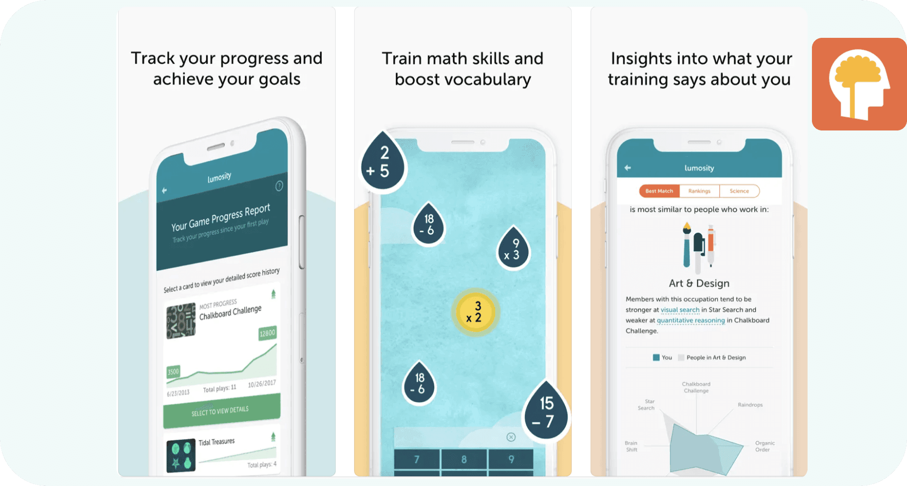 App screenshots from AppStore for Lumosity featuring self improvement features