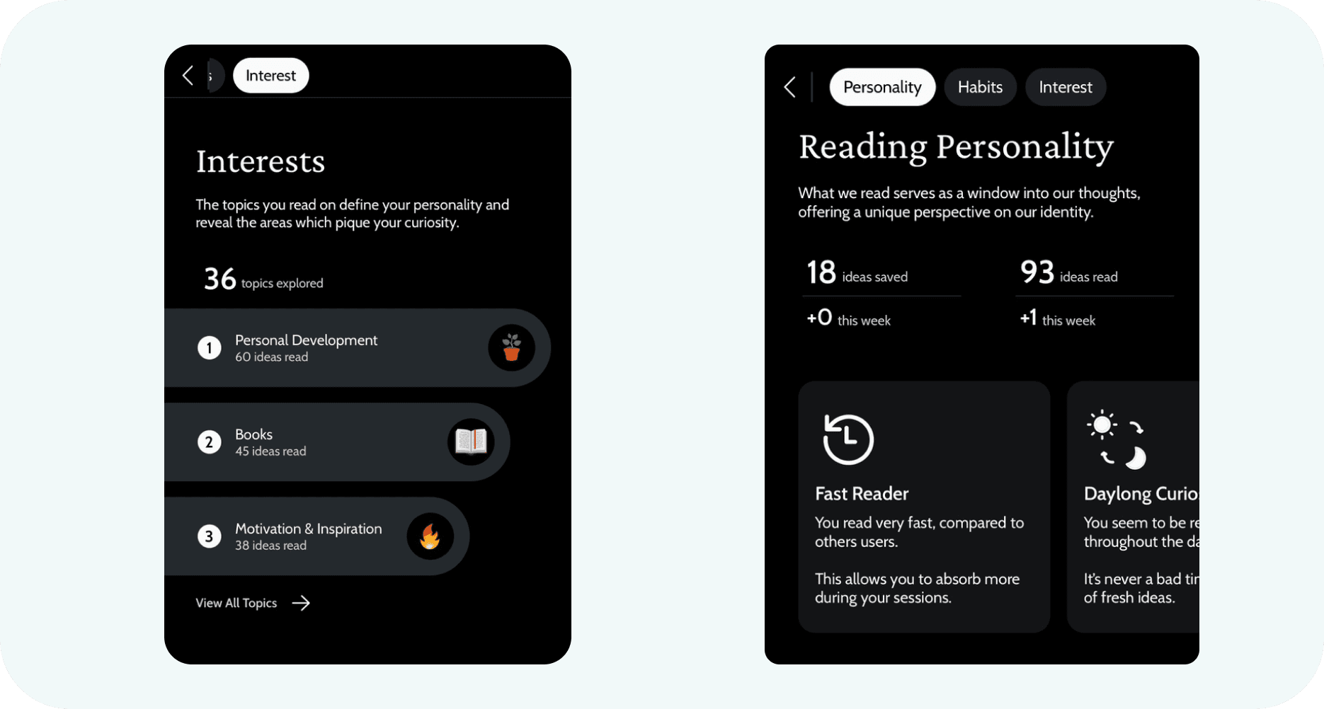 Examples of How Deepstash App showcases adaptive learning features while presenting the user with learning style metrics
