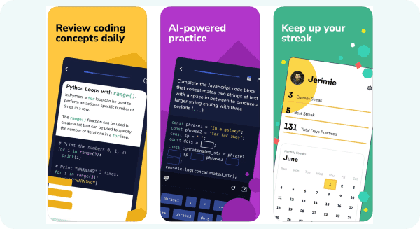 Codecademy Go app screens featuring elements of a gamified learning platform