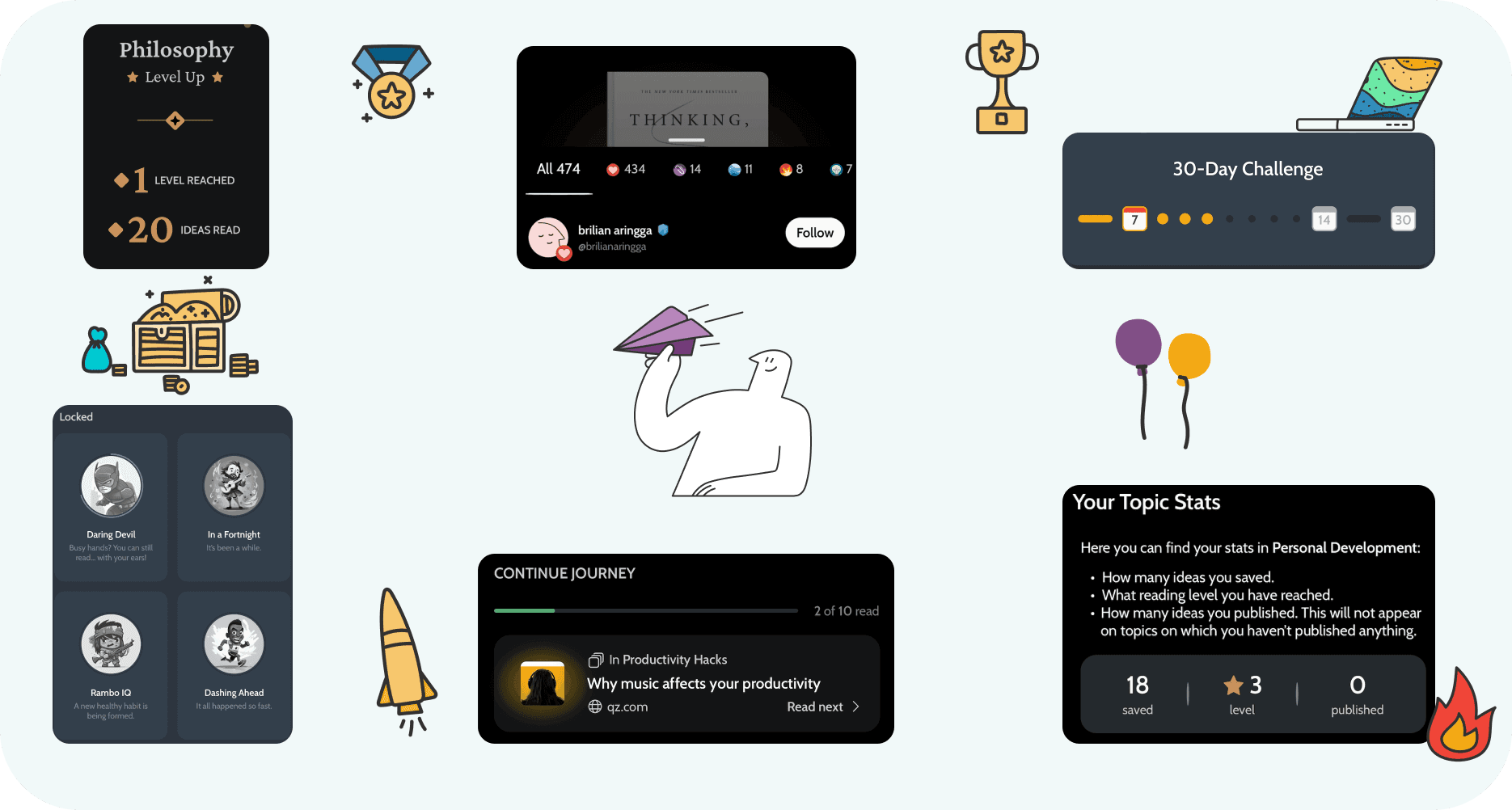 Example of different gamification elements found on Deepstash