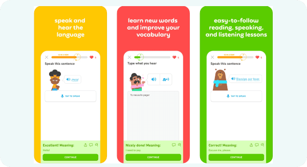 Duolingo' app screens featuring elements of a gamified learning platform