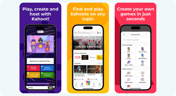 Kahoot's app screens featuring elements of a gamified learning platform