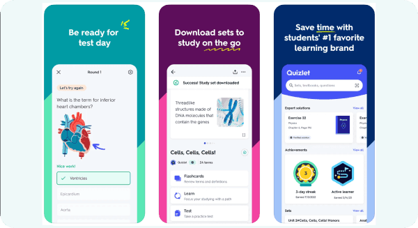 Quizlet' app screens featuring elements of a gamified learning platform