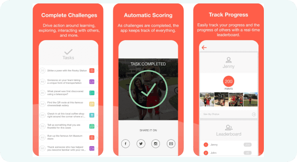 Scavify's app screens featuring elements of a gamified learning platform