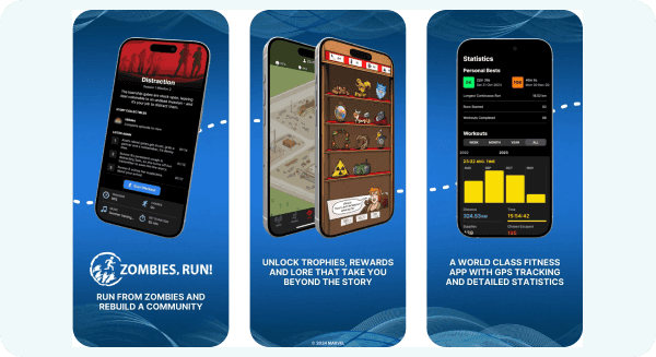 Zombie, Run! app screens featuring elements of a gamified learning platform