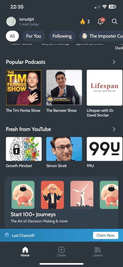 Example from the Deepstash App how content is organized in Books, Podcasts, Articles or Videos